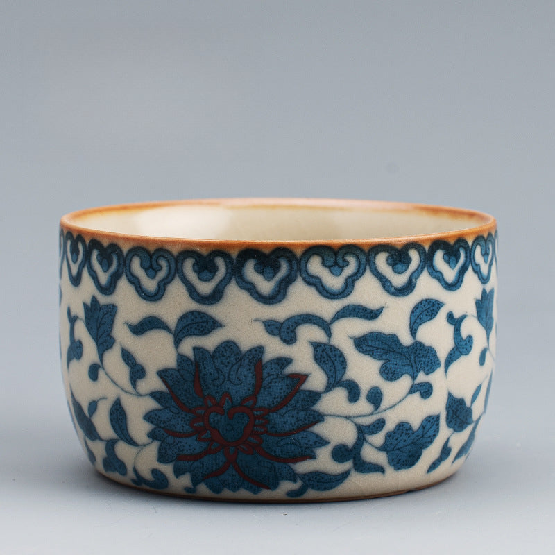 Ru Kiln Blue & White Tea Cup - Handcrafted Crackle Glaze Ceramic with Cobalt Design (Owner's Cup)