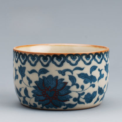 Ru Kiln Blue & White Tea Cup - Handcrafted Crackle Glaze Ceramic with Cobalt Design (Owner's Cup)