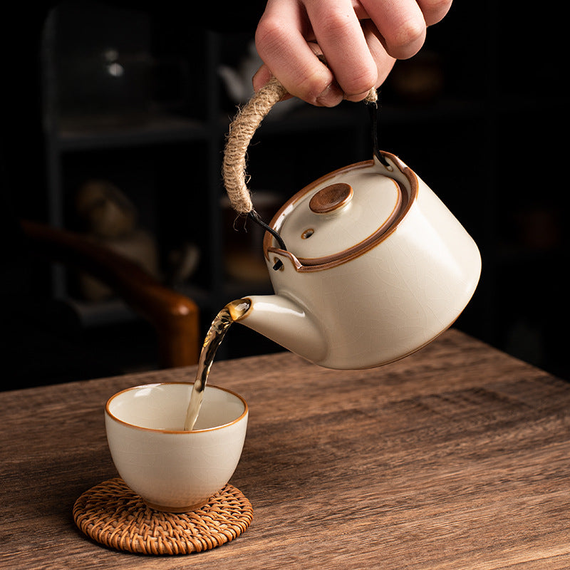 Yellow Ru Kiln Arch-Handle Teapot - Handcrafted Crackle Glaze Ceramic (250ml, 13x14cm)