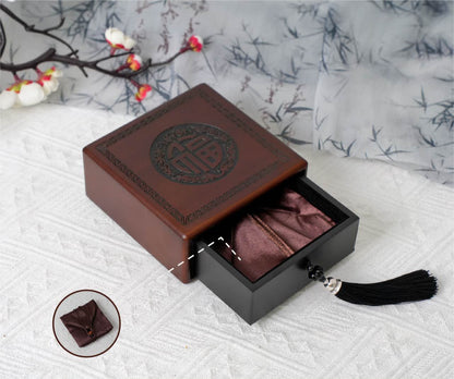 Oak Wood Jewelry Box for Bracelets - Laser Engraved "Fu" Character with Soft Inner Pouch (11.4x11.4x4.9cm, Velvet Lined)