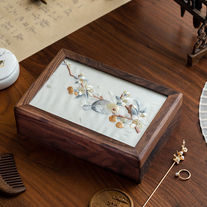 Walnut Wood Jewelry Box with Embroidered Lid - Chinese-Style Gift with Velvet Lining (23x16x6.5cm, 800g, 6 Symbolic Designs)