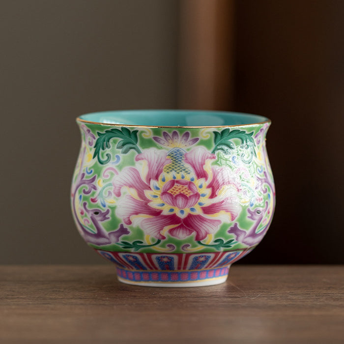 Peony Enamel Glazed Tea Master Cup - Handcrafted Retro Porcelain Tea Cup (90ml Capacity)