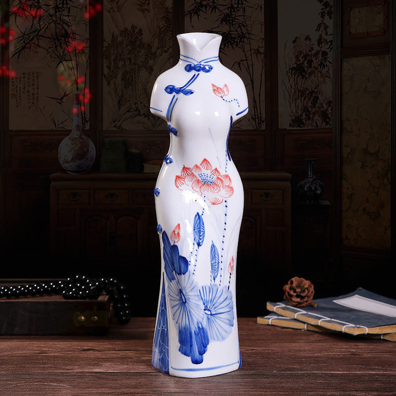 Hand-Painted Blue & White Porcelain Qipao Figurine - Jingdezhen Ceramic Decor (2 Sizes: 21cm/35cm, Underglaze Design)