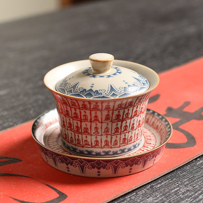 Dunhuang Style Thousand-Buddha Tea Bowl - Three-Piece Ceramic Set with Cave Art Motifs (150ml, 12x8cm)
