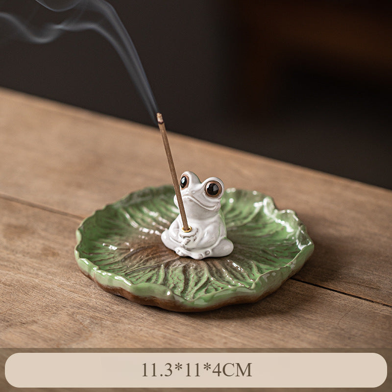 Ceramic Frog Incense Holder with Lotus Leaf Base - Cute Home Decor for Sticks Incense, Tea Table & Meditation (Handcrafted)