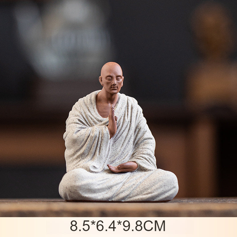 Zen Purple Clay Monk Figurines - Set of 6 Handcrafted Buddhist Statues for Tea Table & Home Decor