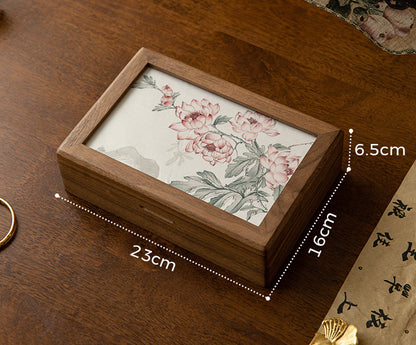 Walnut Wood Jewelry Box with Embroidered Lid - Chinese Style Gift with Velvet Lining (23x16x6.5cm, 0.78kg, 6 Embroidery Designs)