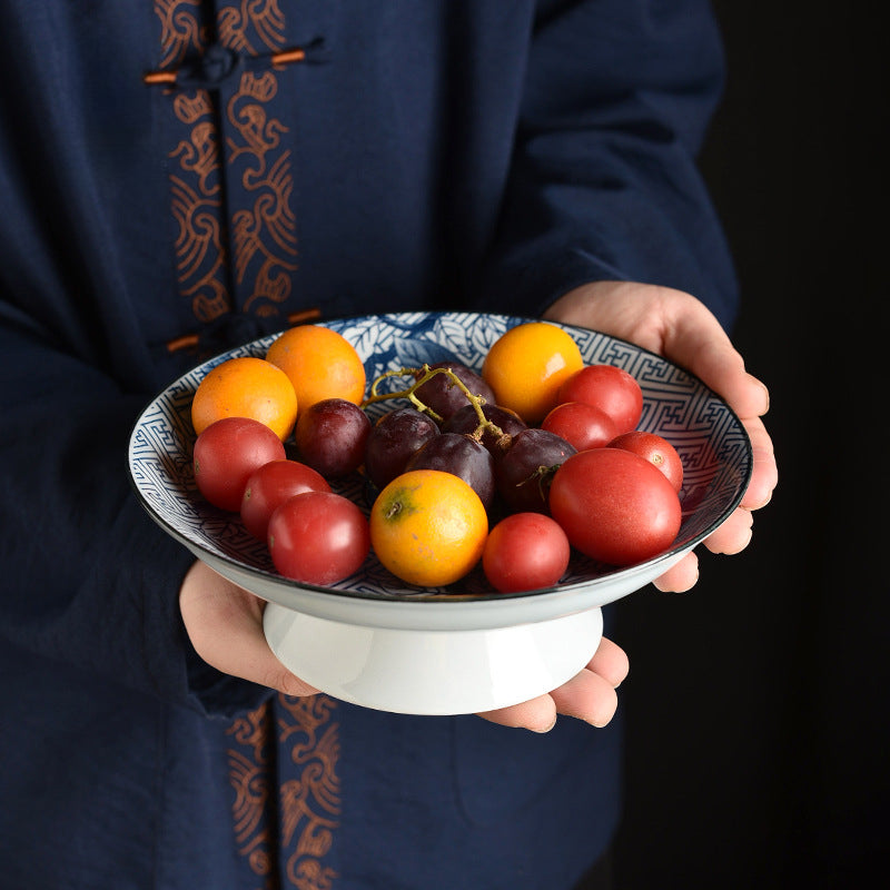 Blue & White Ceramic Fruit Tray - Chinese Style Dessert Plate with Classic Patterns (20.5x7cm, 7 Designs)