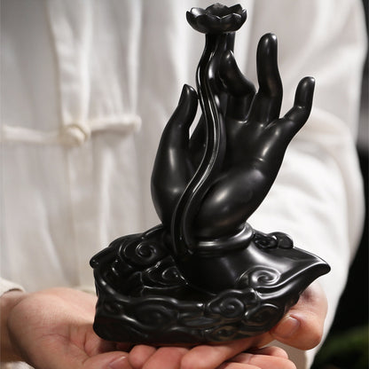 Ceramic Backflow Incense Holder - Buddha Hand Design with Smoke Waterfall Effect (14.5x16cm, Zen Home Decor)
