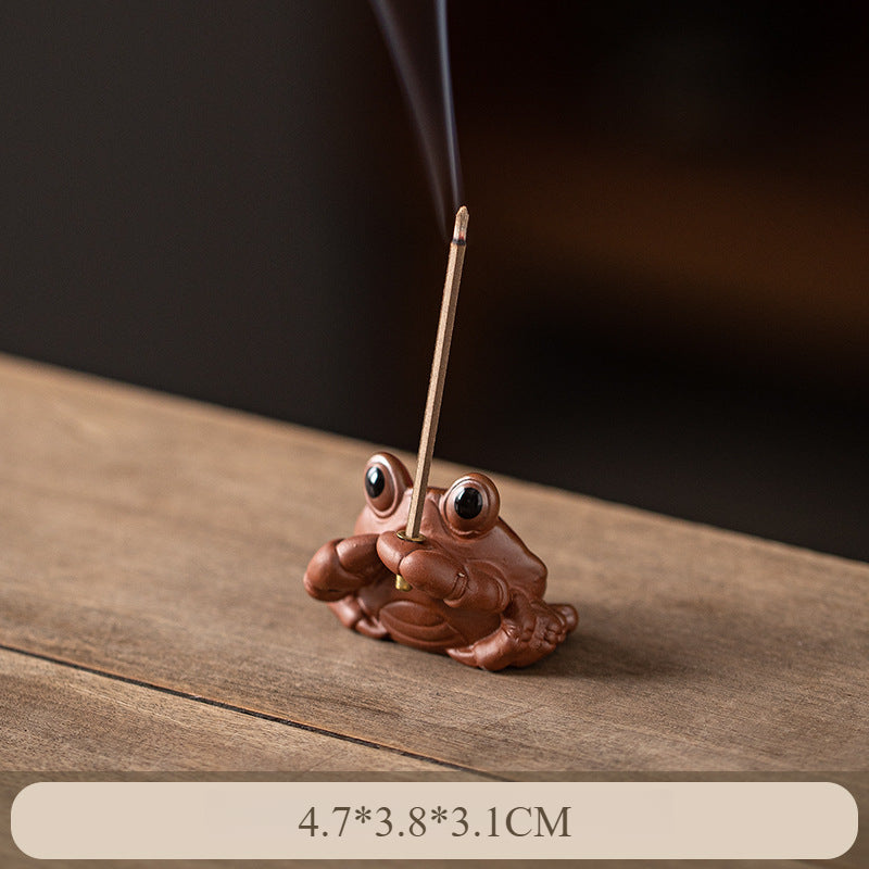 Ceramic Frog Incense Holder with Lotus Leaf Base - Cute Home Decor for Sticks Incense, Tea Table & Meditation (Handcrafted)