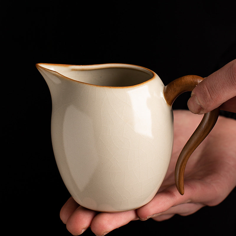 Beige Ru Kiln Fairness Cup - Crackle Glaze Ceramic Tea Divider with Side Handle (Multiple Sizes Available)