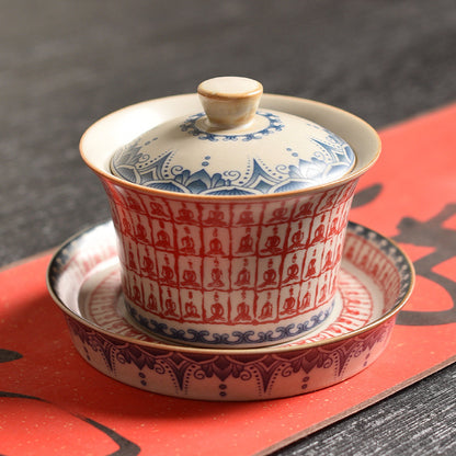 Dunhuang Style Thousand-Buddha Tea Bowl - Three-Piece Ceramic Set with Cave Art Motifs (150ml, 12x8cm)