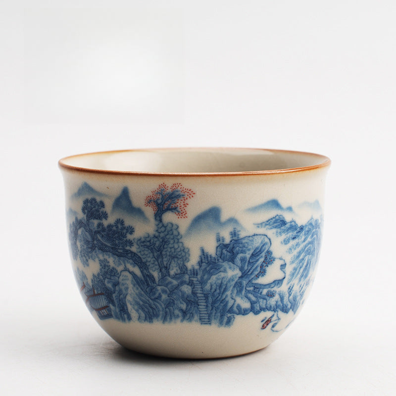Ru Kiln Blue & White Tea Cup - Handcrafted Crackle Glaze Ceramic with Cobalt Design (Owner's Cup)
