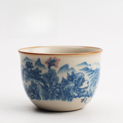 Ru Kiln Blue & White Tea Cup - Handcrafted Crackle Glaze Ceramic with Cobalt Design (Owner's Cup)