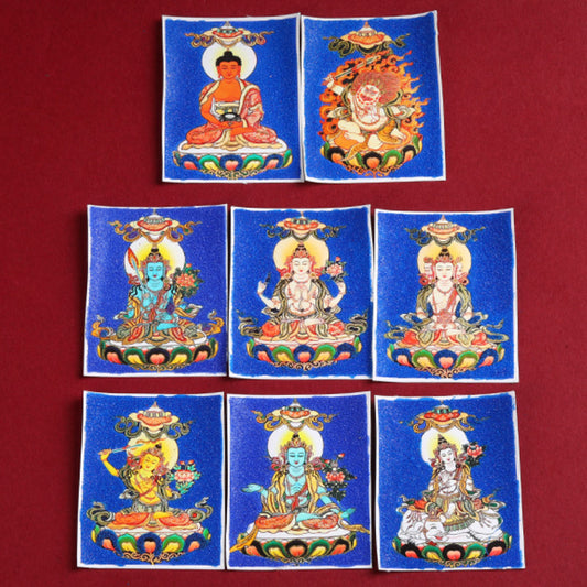 Hand-Painted Gold-Traced Thangka with Cinnabar Rough Sand - Eight Protectors Design