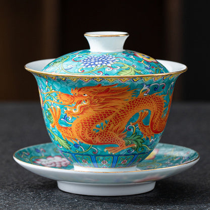Imperial Style Cloisonné Gaiwan - Handcrafted Enamel Three-Element Tea Bowl with Gold Trim (190ml Capacity)