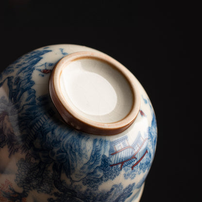 Ru Kiln Blue & White Tea Cup - Handcrafted Crackle Glaze Ceramic with Cobalt Design (Owner's Cup)