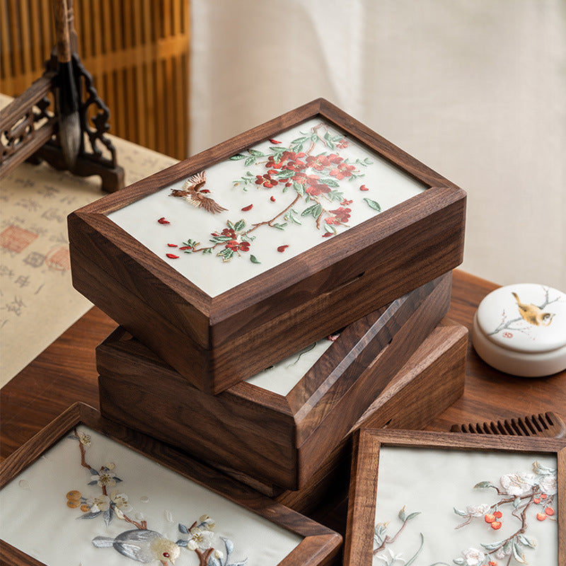 Walnut Wood Jewelry Box with Embroidered Lid - Chinese-Style Gift with Velvet Lining (23x16x6.5cm, 800g, 6 Symbolic Designs)
