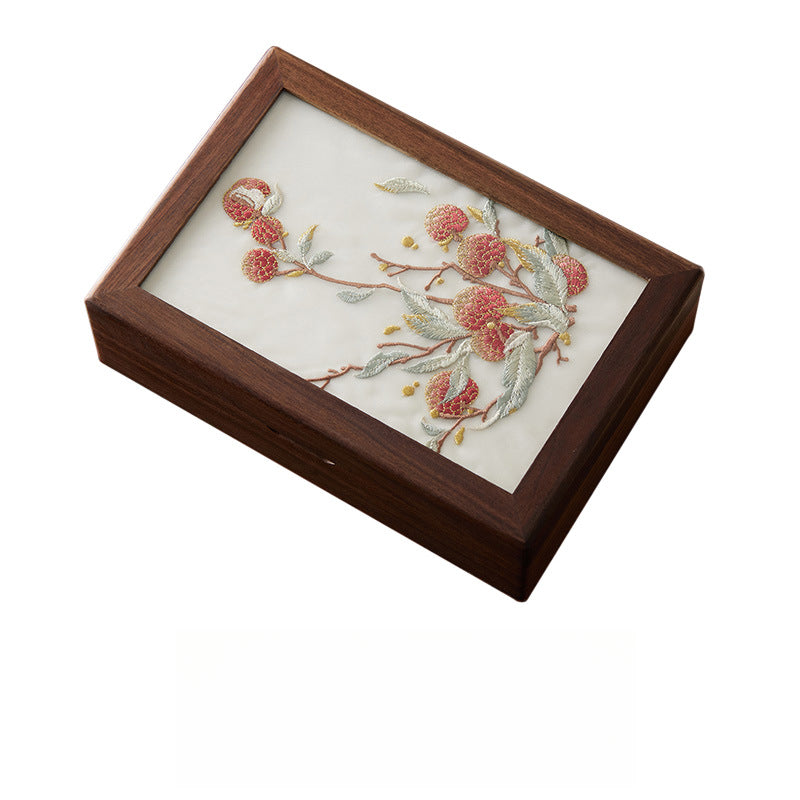 Walnut Wood Jewelry Box with Embroidered Lid - Chinese-Style Gift with Velvet Lining (23x16x6.5cm, 800g, 6 Symbolic Designs)