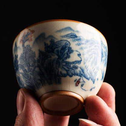 Ru Kiln Blue & White Tea Cup - Handcrafted Crackle Glaze Ceramic with Cobalt Design (Owner's Cup)