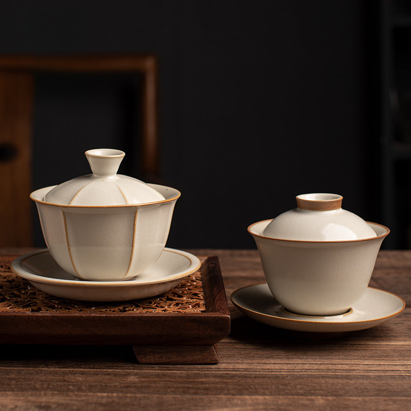 Yellow Ru Kiln Lidded Tea Bowl - Crackle Glaze Ceramic Three-Piece Set (150ml, Two Styles Available)