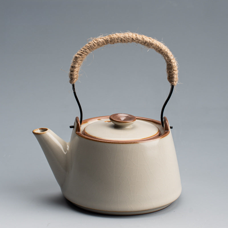 Yellow Ru Kiln Arch-Handle Teapot - Handcrafted Crackle Glaze Ceramic (250ml, 13x14cm)