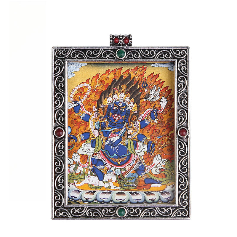 Metal Mini Thangka Box Pendant – Nepalese Wealth God, Green Tara & Four-Armed Avalokiteshvara Silver Pendant