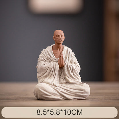 Zen Purple Clay Monk Figurines - Set of 6 Handcrafted Buddhist Statues for Tea Table & Home Decor