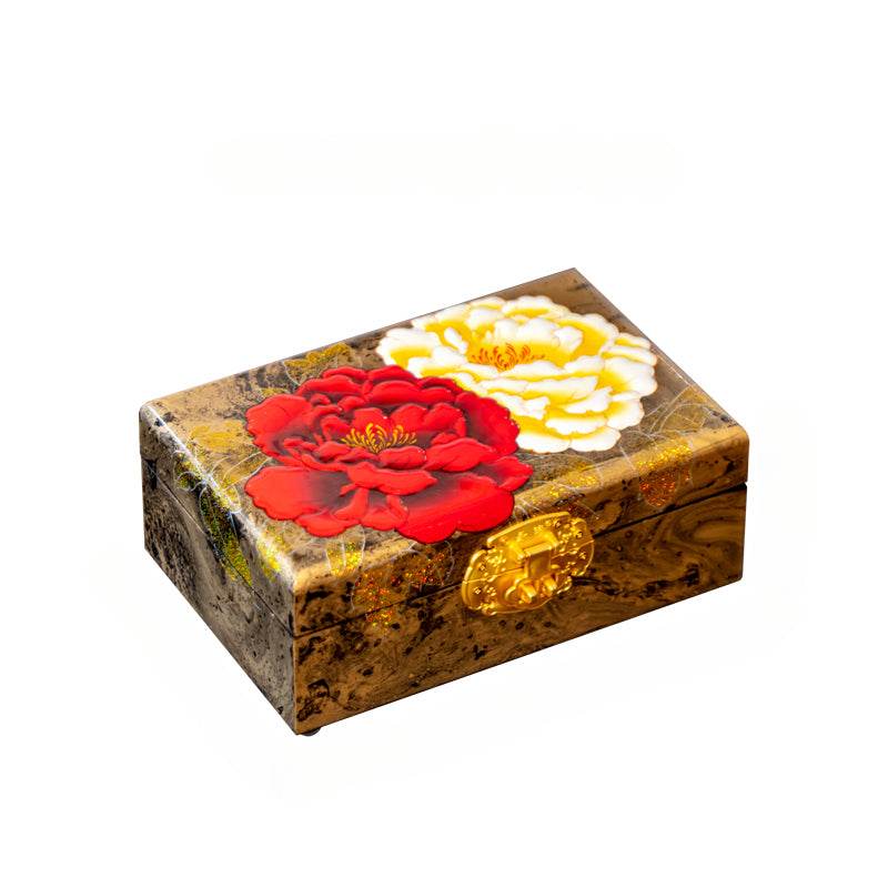 Artisan Lacquer Jewelry Box - Handcrafted Chinese Heritage Piece in Solid Wood, Vintage Floral Storage Case
