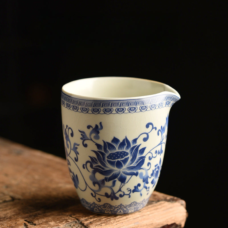 Blue & White Ru Kiln Tea Set - Interlocking Lotus Design Ceramic Gongfu Set (6-Piece)