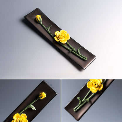 Handmade Floral Ceramic Incense Holder – Home Zen Aromatherapy Burner for Sticks (Includes Free Sandalwood)