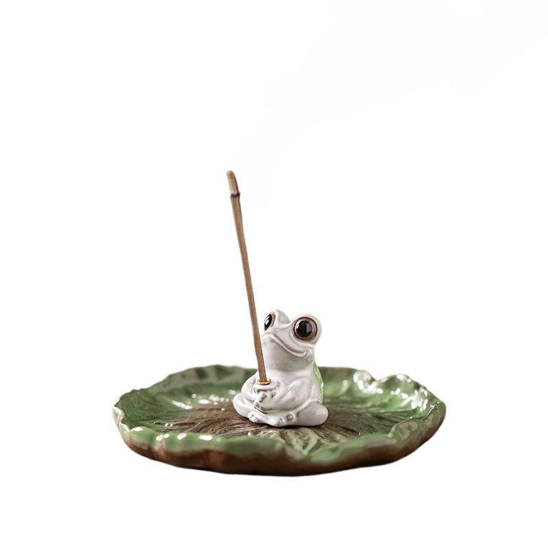 Ceramic Frog Incense Holder with Lotus Leaf Base - Cute Home Decor for Sticks Incense, Tea Table & Meditation (Handcrafted)