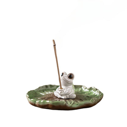 Ceramic Frog Incense Holder with Lotus Leaf Base - Cute Home Decor for Sticks Incense, Tea Table & Meditation (Handcrafted)