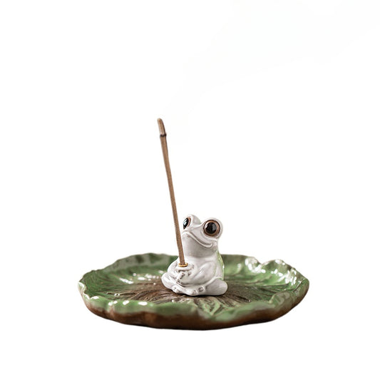Ceramic Frog Incense Holder with Lotus Leaf Base - Cute Home Decor for Sticks Incense, Tea Table & Meditation (Handcrafted)